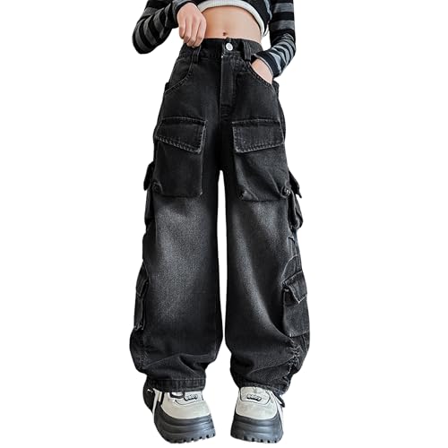 Image of Rolanko Girls Cargo Pants Baggy Y2K Cargo Trousers Jeans Wide Leg Pants with Multi Pockets 4-15 Years