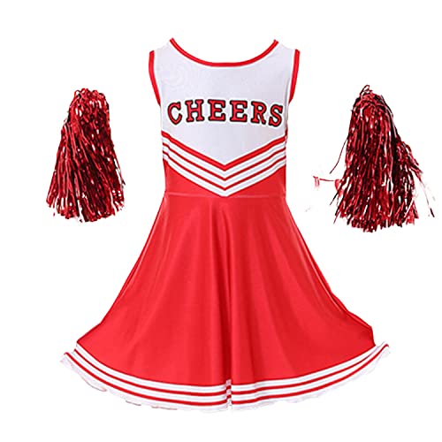 Lolanta Girls Cheerleader Costumes Dresses Cheerleading Outfit Cheer Uniform With Pom Poms(6-7, Red) #TOP2