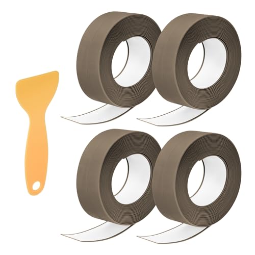 Image of uxcell 4 Rolls Caulk Tape, Caulking Strip Tape, 0.9 inch x 10.5Ft PVC Waterproof Self-Adhesive Sealing Tape for Kitchen Bathroom Toilet Sink Floor Corner Edge with Sealing Tool, Brown