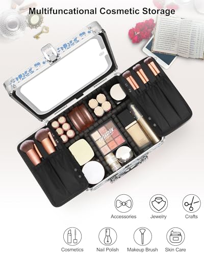 Image of Relavel Makeup Bag with LED Mirror, Makeup Box Travel Train Case with Rechargeable Lighted Mirror, Cosmetic Brush Organizer Storage for Makeup Artists Gifts for Women and Girls, Floral Print