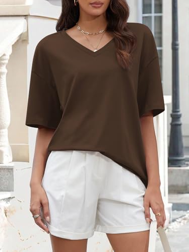 Image of ATHMILE Womens Oversized Shirts V Neck Plus Size Spring Workout Summer Tops Beach Vacation 2026 Gym Clothes Basic Tee