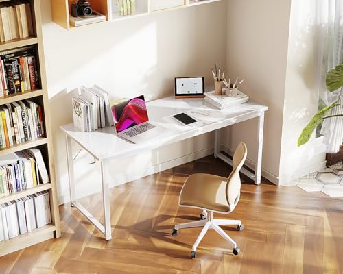 Image of Casaottima 54 Inch Computer Desk for Home Office, Study Writing Table for Small Spaces, Simple Modern Desk with Headphone Hooks, White