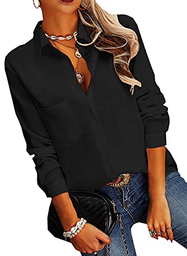 AISEW Womens Casual Button Down Shirts V Neck Chiffon Long/Short Sleeve Collared Office Work Blouses Tops with Pocket2