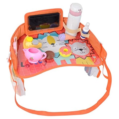 Erlsig Kids Travel Tray Car Seat Activity and Play Tray Organizer for Children and Toddlers Lap Desk with Tablet Phone Holder Waterproof and Foldable - Orange Cover