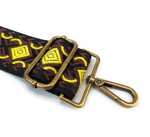 Image of Black Yellow Boho Diamond Purse Strap with Bronze Hardware 2 Inch Wide Replacement Crossbody Guitar Style Shoulder Strap for Handbags Totes