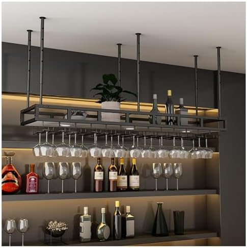 Hanging Wine Glass Rack - 2 Layer Ceiling Wine Bottle & Glass Holder Stemware Wine Glasses Storage Hanger Metal Organizer for Home Bar Dining Room Kitchen(White-A,59in)