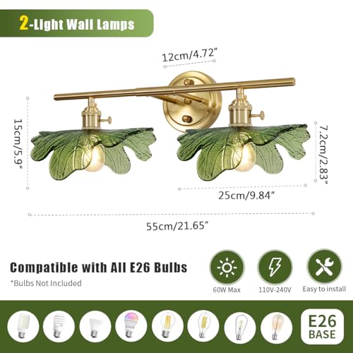 Image of Green Bathroom Vanity Lights Over Mirror, 2 Light Vintage Wall sconces with Glass Shade Bathroom Sconce mid Century Wall Sconce Light Gold Wall Lighting Fixture for Bedside Bedroom Doorway