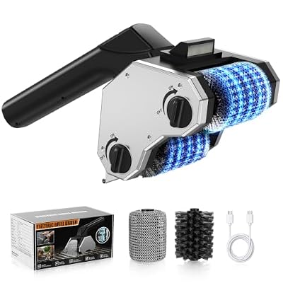 Electric Grill Brush Cordless, Dual Rotating Heads BBQ Grill Cleaner with Stainless Roller & LED Light, 150Mins Runtime, Rechargeable Grill Cleaning Brush for Outdoor Grill Barbecue Grates