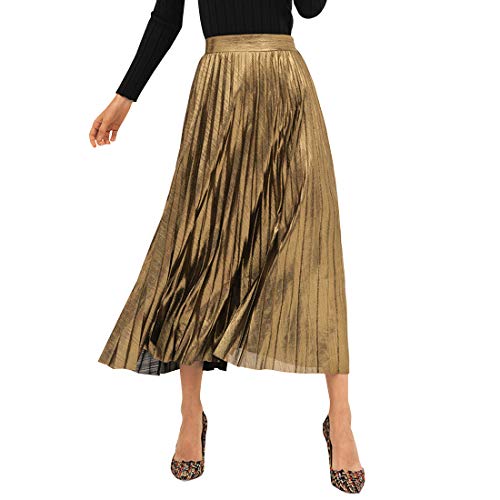 Itemnew Women's Stylish Metallic Color Shiny High Waist Pleated Swing Long Skirt