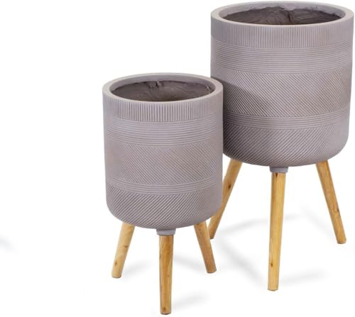 NATINDESIGN Blumentopf mit Beinen 2er Set Ø 33,5 & 27cm XL Blumentopf Grau Gross für In- und Outdoor Palmentopf XXL Übertopf Holz Fuesse Pflanzkübel Groß Außen & Innen (2er Set)