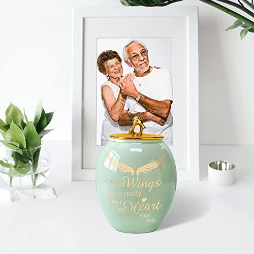 Image of Green Medium Cremation Urn for Human Ashes Adult Male Female | Angel Ceramic Urn for Ashes Men Women Dad Mom,Memorial Urn with Velvet Bag & Funnel - A Perfect Tribute & Gift for Families