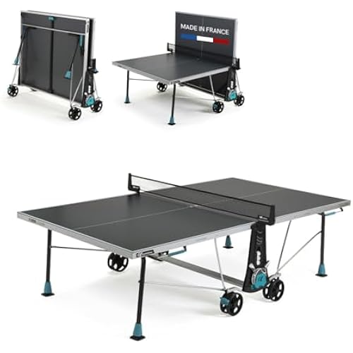 CORNILLEAU - 300X Outdoor Table Tennis Table - 5mm Weatherproof Surface, Anti-Glare Coating, Compact Folding Design, Storage for Paddles & Balls - Blue or Grey
