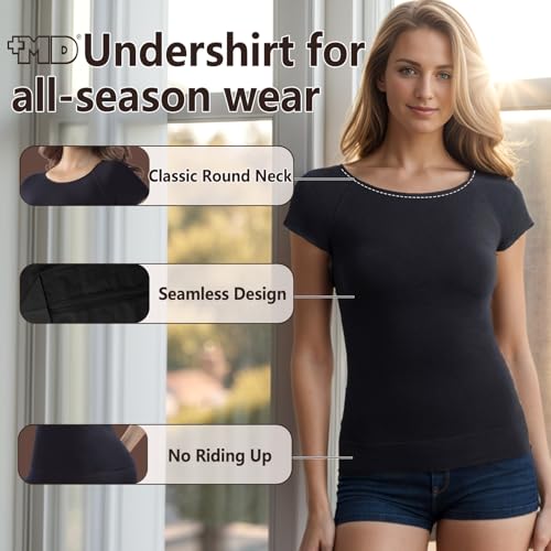 Image of +MD Women's Seamless Short Sleeve Undershirt, Light Compression Scoop Neck Tank Top, Tummy Control Basic Tee Camisole