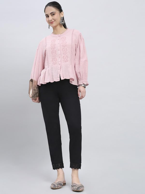Image of GO COLORS Soft Cotton Lace Pencil Pant Full Length for Women| Mid-Rise, Breathable