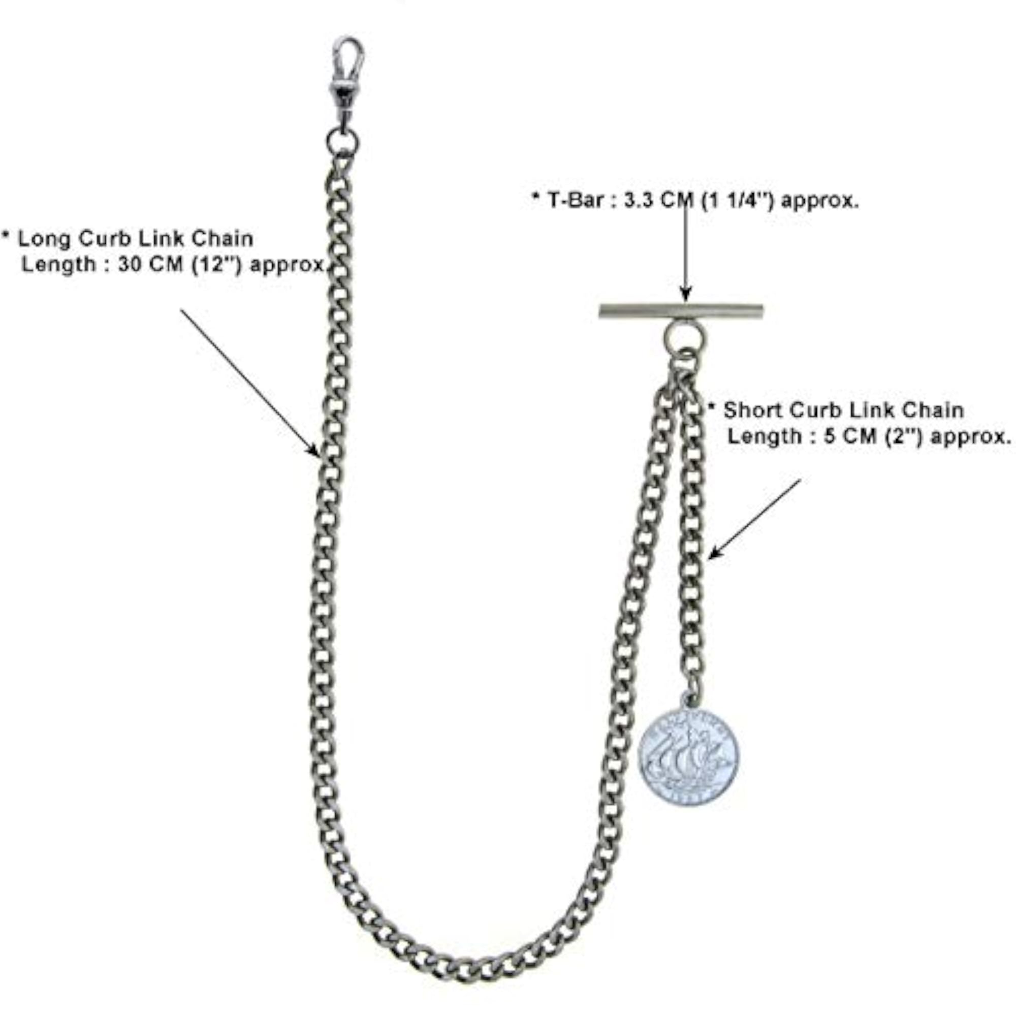 Albert Chain Silver Tone Pocket Watch Chain, Vintage Style
