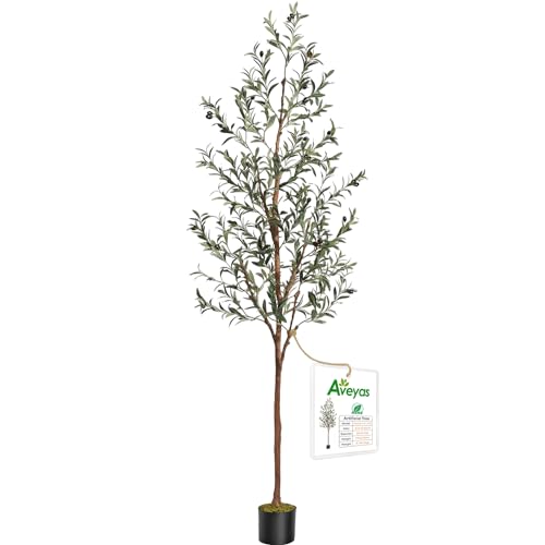 Image of Aveyas 7ft Artificial Olive Tree for Home Decor, 7 Feet Large Faux Plant Fake Skinny Silk Trees with Black Olivo for Indoor Outdoor House Living Room Office (7 ft Tall)