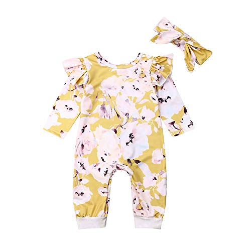 Newborn Baby Girl Floral Romper Ruffle Long Sleeve Jumpsuit Bodysuit Fall Outfit Clothes with Headband (Yellow,6-12Months)