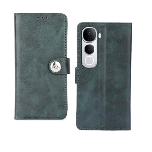 Image of amazon basics Vivo Y400 Pro 5G Flip Cover | Card Pockets Wallet & Stand | Flip Cover for Vivo Y400 Pro 5G (Green Button)