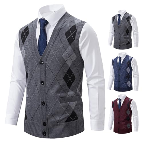 Men Cardigan Sweater Vest Slim Button Down Sweater Vest Autumn Winter V Neck Rhombus Jumper3
