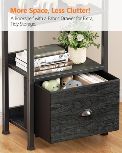 Image of Furologee Book Shelf Set of 2, 6 Tier Tall Shelf with Drawer, Bookshelves and Bookcases Set of 2, Industrial Display Shelving Unit for Bedroom, Living Room, Home Office, Black Oak