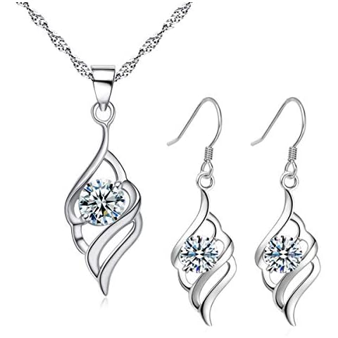 Hanie Silver Jewellery Set for Women, 925 Sterling Silver Angel Wing Drop Dangle Hook Earrings & Necklace Pendant Set, Allergen-Free Jewellery as Christmas Gift for Mother Wife Girlfriend Cover