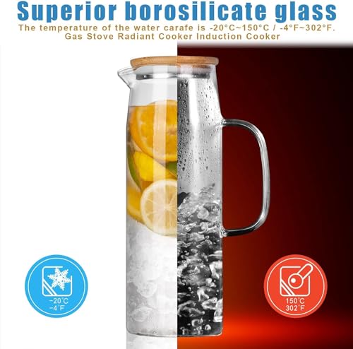 Image of Borosilicate Glass 1 LTR Water Jug with Handle, Juice Beverage Carafe with Bamboo Lid, Big Glass Iced Tea Pitcher, 1 Pcs Set (Borosilicate 1 Liter Stright)
