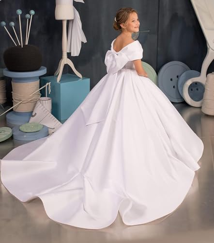 Off Shoulder Satin Flower Girl Dress Kids Princess First Communion Dress Long Formal Prom Ball Gowns Bow Knot3