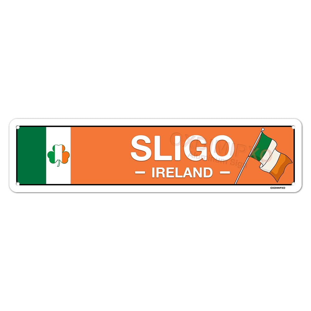 Irish Pub Decor - Sligo, Ireland, Flag, Clover, Gifts - Irish Street Sign - Metal City Signs, Home/Kitchen/Living Room/Man Cave/Bar/Office/Cafe Wall Art Decoration - Aluminium - 4x16 Inches