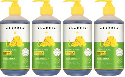 Image of Alaffia Babies and Kids Shampoo and Body Wash, Gentle and Calming Support for Soft Hair and Skin with Yarrow and Chamomile, Coconut Chamomile, 4 Pack - 16 Fl Oz Ea