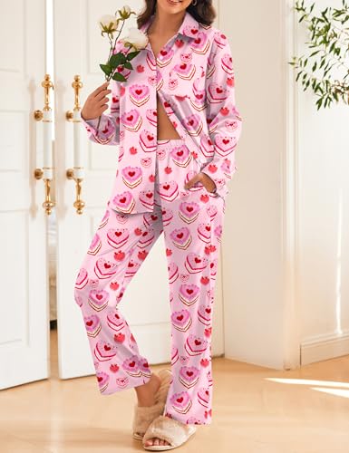 Image of Ekouaer Womens Satin Silky Pajama Set 2 Piece Print PJs Soft Loungewear Button Down Sleepwear with Elastic Waist Long Pants