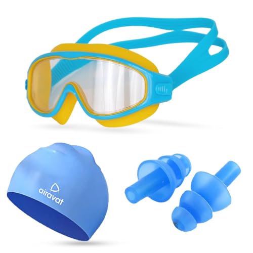 Image of AIRAVAT Macho swimming goggles for Kids Children Teens, polycarbonate goggles, Anti-Fog, Anti-UV, Wide View Swimming Goggles, Free size (Yellow Combo)