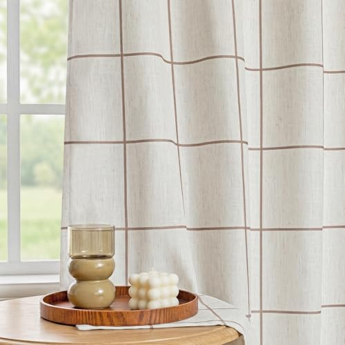 Image of MYSKY HOME 100% Blackout Plaid Linen Ceiling Curtains 102 Inch Long 2 Panels Set Double Layer Farmhouse Thermal Insulated Checkered Print Drapes for Living Room Bedroom, Pack-2, 52 inch Wide, Brown