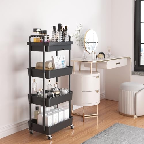 Wuciray Beauty Trolley on Wheels 4 Tier Storage Trolley with Drawer Plastic Beauty Trolleys Rolling Utility Cart Craft Trolleys on Wheels for Home Kitchen Bathroom Laundry Office Black