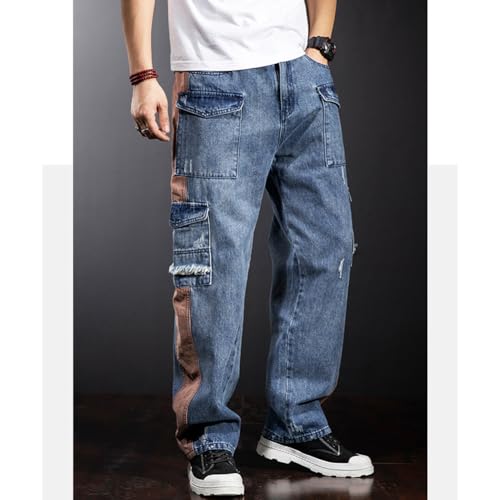 Mens Ripped Cargo Jeans Straight Leg Patchwork Denim Pants Streetwear4