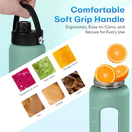 Image of Rioware1 Litre Motivational Borosilicate Glass Sipper with Silicone Sleeve, Time Markings, Airtight,Leak-Proof BPA-Free Eco-Friendly, Reusable Bottle For Fridge, Gym, Travel, Office & Home (GREEN)