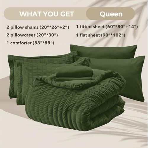 Image of HYMOKEGE Olive Green Queen Comforter Set Seersucker 7 Pieces, All Season Luxury Bed in a Bag Queen for Bedroom, Bedding Set with Comforter, Sheets, Pillowcases & Shams