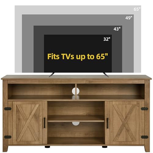 DWVO TV Stands for 65 Inch TV, Farmhouse Entertainment Center with Adjustable Shelf and Barn Door, Media Console Table TV Cabinet for Living Room, 59 Inches, Barnwood