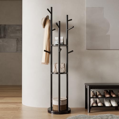 KungFuWood Coat Rack, Solid Wood Rotary Coat Rack Stand, Freestanding Coat Rack with 3 Shelves and 9 Hooks, Sturdy and Easy to Assemble Coat Tree for Entryway, Bedroom, Coats, Bags (Black)