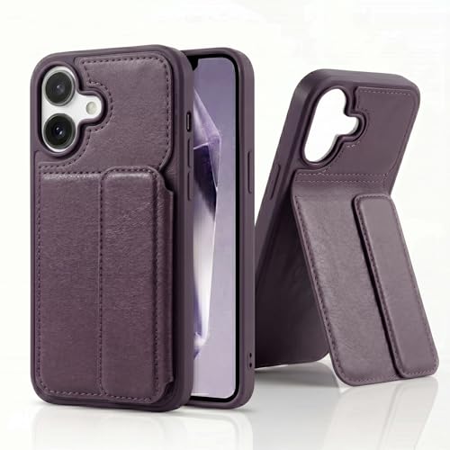 Image of amazon basics Luxury Vegan Leather Back Cover for iPhone 16 | Built-in Card Holder Slot | Integrated Mobile Stand | Slim Shockproof Protective Case with Stitched Finish - Purple