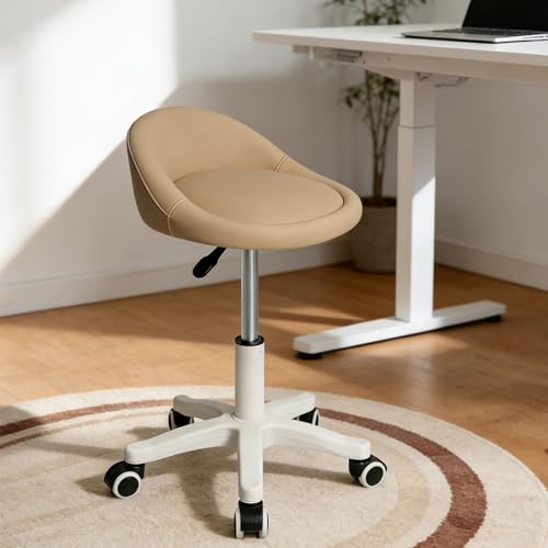 Image of Rolling Stool Chair with Backrest, Round PU Leather Adjustable Height Hydraulic Swivel Rolling Stool for Spa Salon Tattoo Massage Doctor Dental Medical Office Khaki