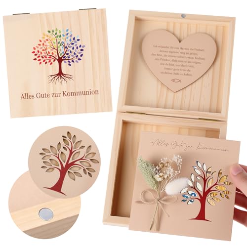 Hestya Kommunion Geldgeschenk für Mädchen Jungen Kommunion Geschenk Holzbox Geschenkbox Erinnerungskiste mit Holzherz Ausgehöhlte Holzkarte Trockenblumen, Geldgeschenke Verpackung aus Holz