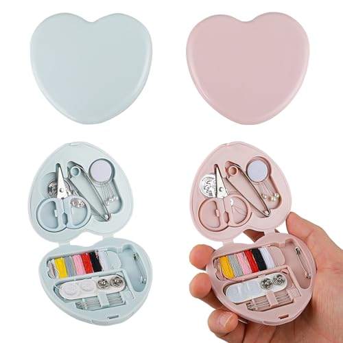 Cobee Kit de costura, 2 piezas de mini kit de costura para artículos esenciales de viaje, suministros de reparación de costura de emergencia, caja de almacenamiento de costura en forma de corazón con