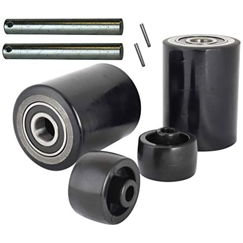 Pallet Jack/Truck Load Wheels Set with Axles and Entry Exit Roller 2.75" x 3.75" with Bearings ID 20mm Poly Tread Black Cover
