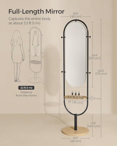 Image of Full-Length Floor Mirror 3-in-1 Modern Standing Full Body Mirror Award Winning Design 16.5 x 18.9 x 68.9 Inches Oak Beige and Ink Black