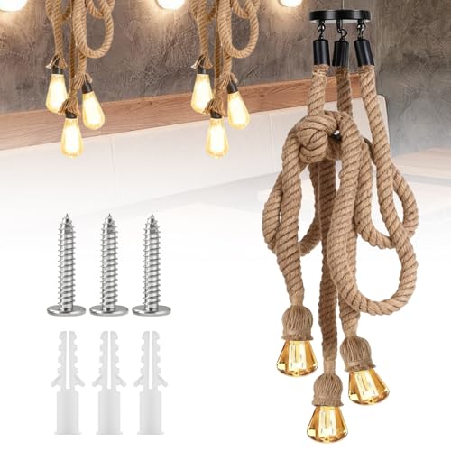 GOEDCH Lampada a sospensione in corda di canapa: 3 teste vintage fai da te, lampada a sospensione industriale, attacco E27 per soggiorno, caffetteria, ristorante, stile retrò, fune di canapa