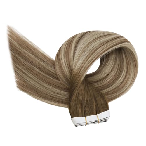 Image of Full Shine Long Weft Wide Tape in Hair Extensions Human Hair Color 3 Brown Fading 8 Brown and 22 Blonde 22 Inch Invisible Hand Tied Hair Extensions Tape in 120g Soft and Silky 4PCS