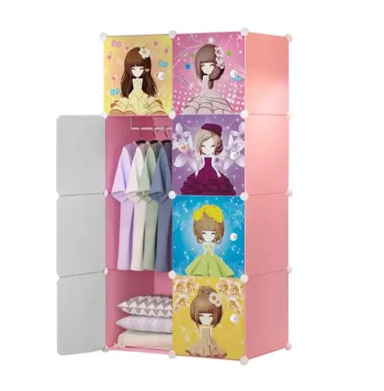 Image of KRISHYAM Portable Collapsible Plastic Wardrobe Closets 8 Storage Cube Closets with 1 Hanging Rod & 8 Doors,Multipurpose Kids Wardrobe for Baby Clothes /Book /Towels /Toy /Shoes (Barbie Print)