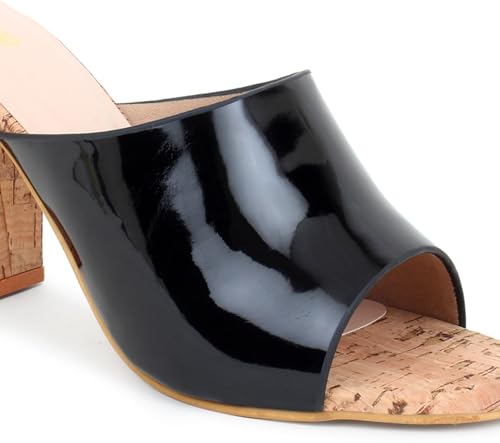 Image of Action Patent Leather Sandals| Pattern| Transparent Block Heel| Ankle Strap Black