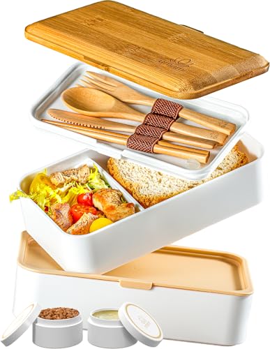 Umami Porta Pranzo Lunch Box Ermetico 4 Scomparti e Posate, Sicuro per Microonde, Lavastoviglie, Portapranzo Ufficio Bento Lunchbox Prova di Perdite per Adulti Schiscetta, Blanc & Bambou, 1200 ml