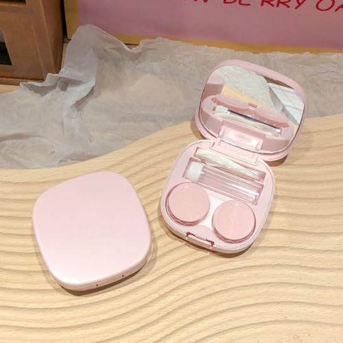 2 peças de estojo para lentes de contato, tamanho de viagem, caixa de contato portátil com espelho, pinça, ferramenta de remoção e frasco de solução para uso diário ao ar livre, rosa